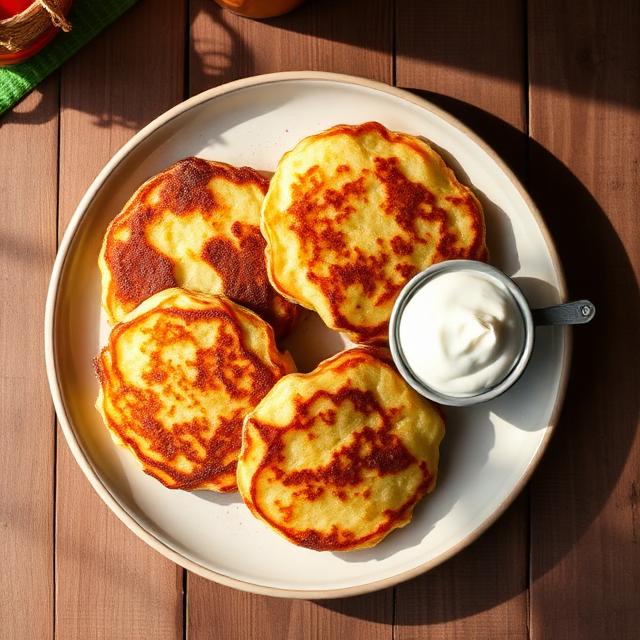 Draniki Clásicos: Tortitas de patata crujientes con crema agria, salsa aparte.